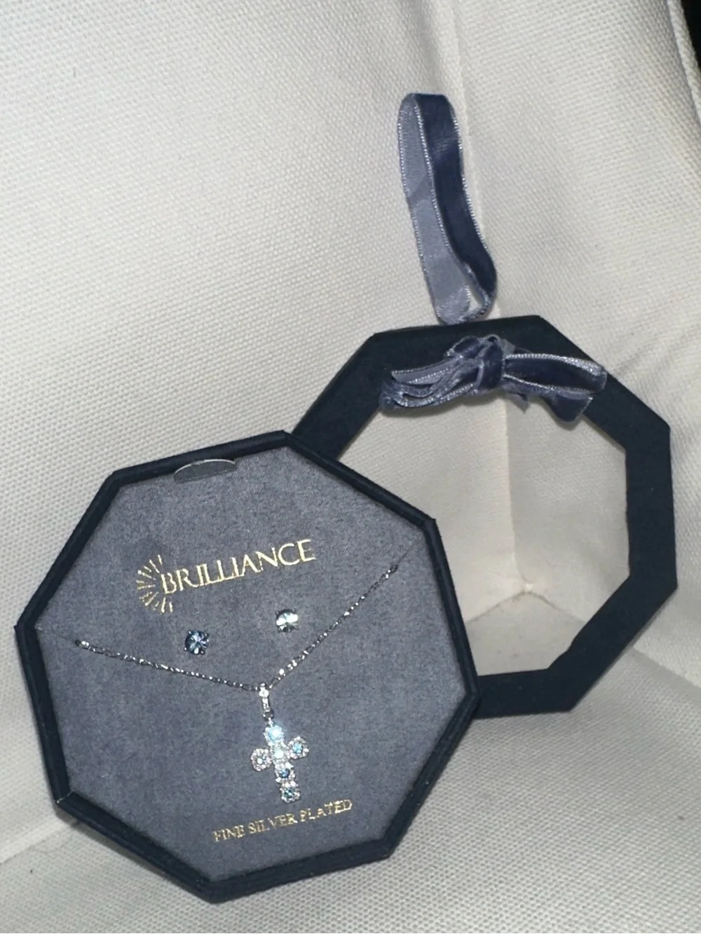 NIB Brilliance Blue Topaz Cross Pendant & Stud Earring Set (MRSP $50)